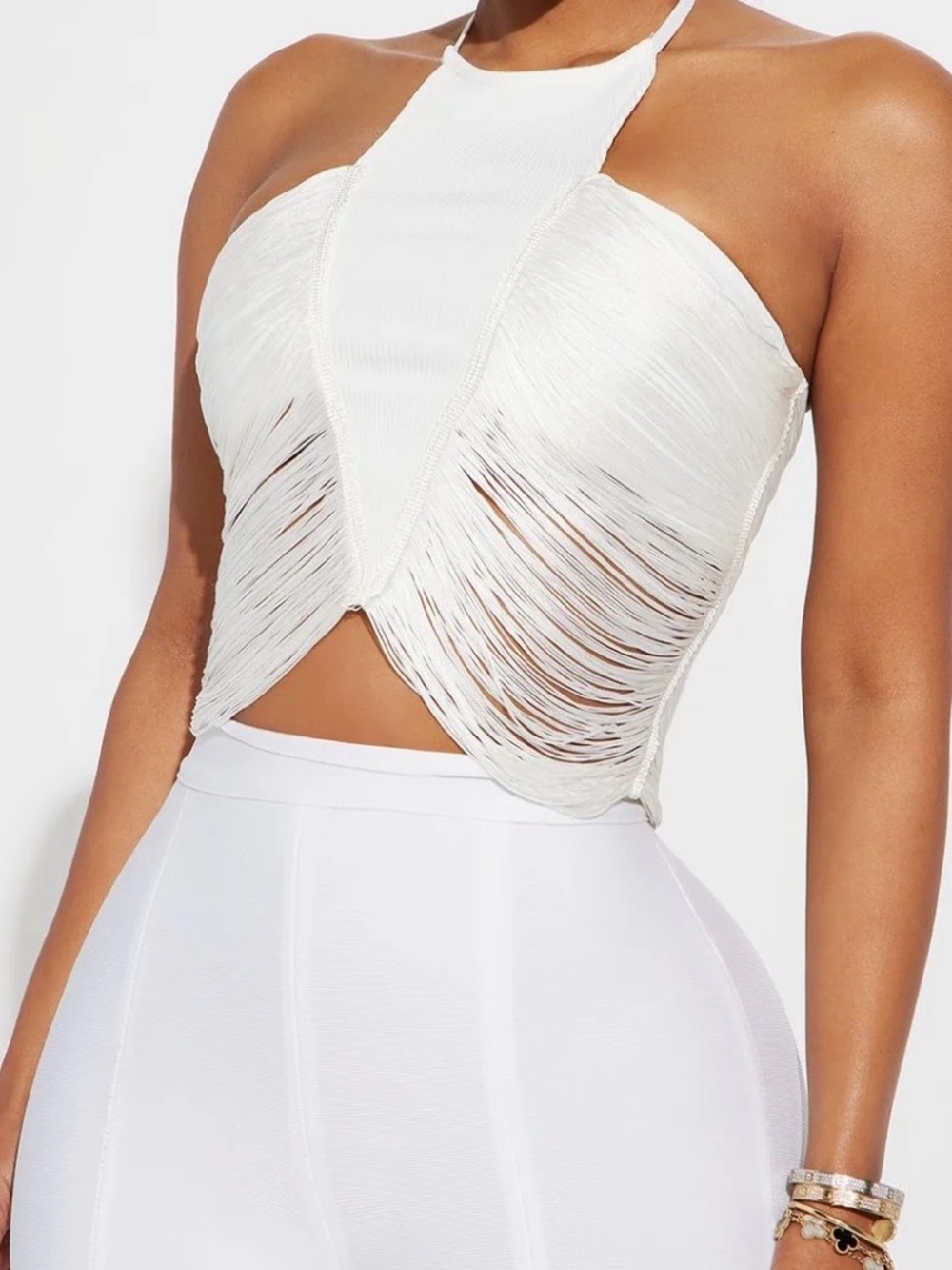 Fashion Nova White Fringe Halter Crop Top